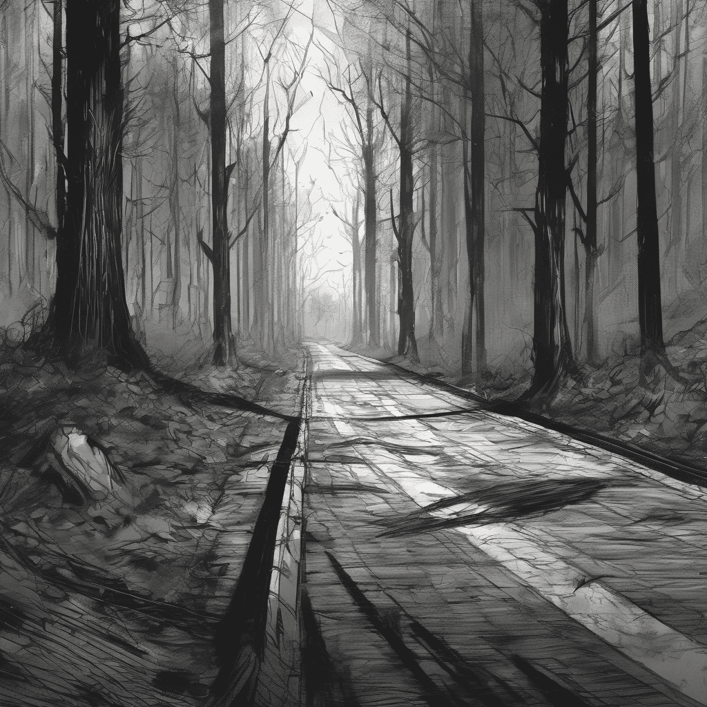 AI generated: several faces, watermarks, signaturedepressions, sketch, horror, digital art, masterpiece, road in a...