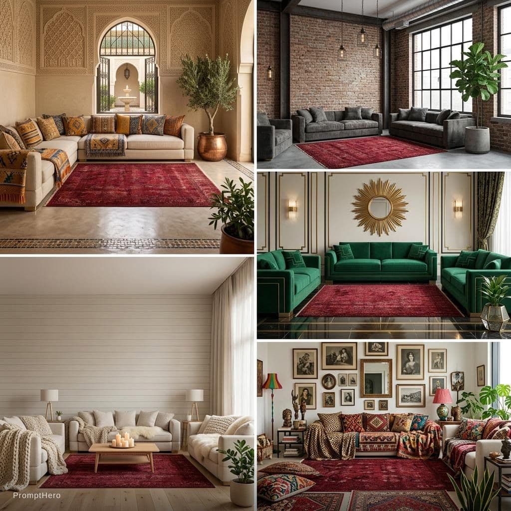 AI generated: i need to create 5 imge diffrent from this with diffrent style keep sofa and carpet 