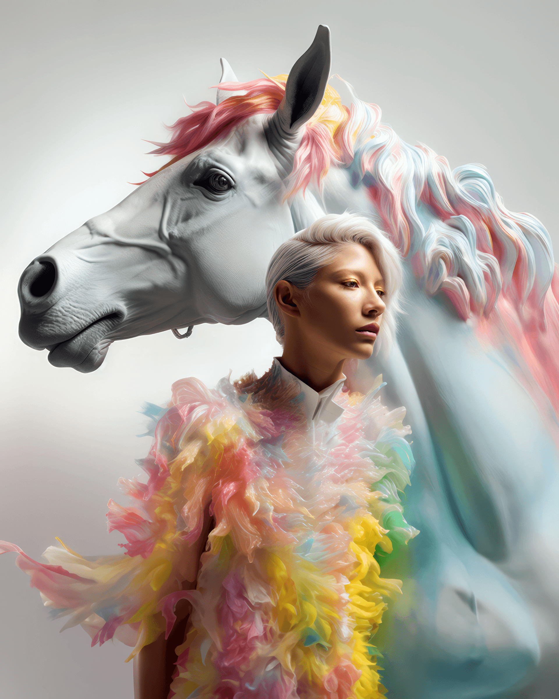 AI generated: a woman on her unicorn has painted it with colorful colors, in the style of petrina hicks, kim jung ...
