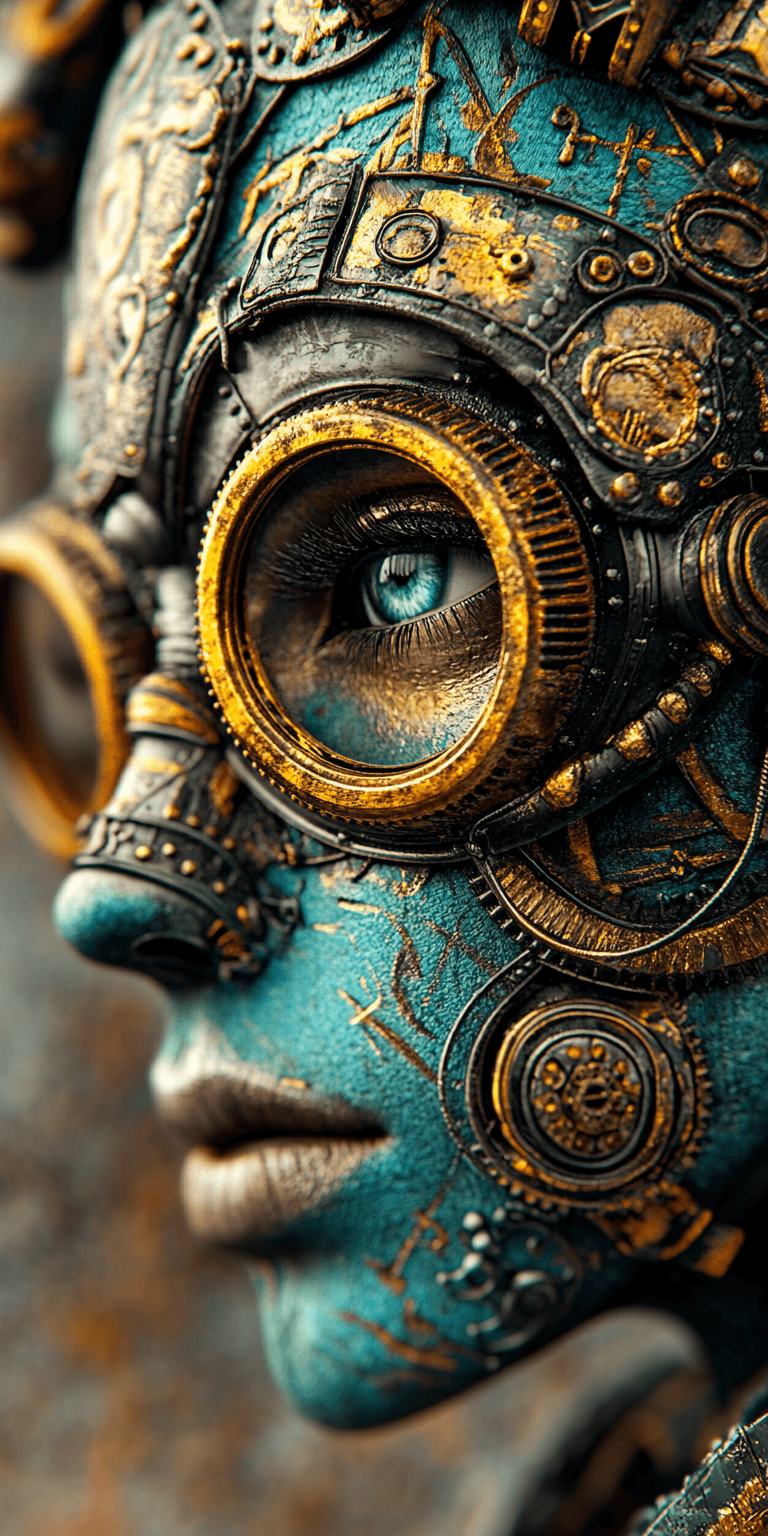 AI generated: 3d image of a steampunk woman, in the style of Bella Kotak, gold and cyan, photorealistic detail, da...