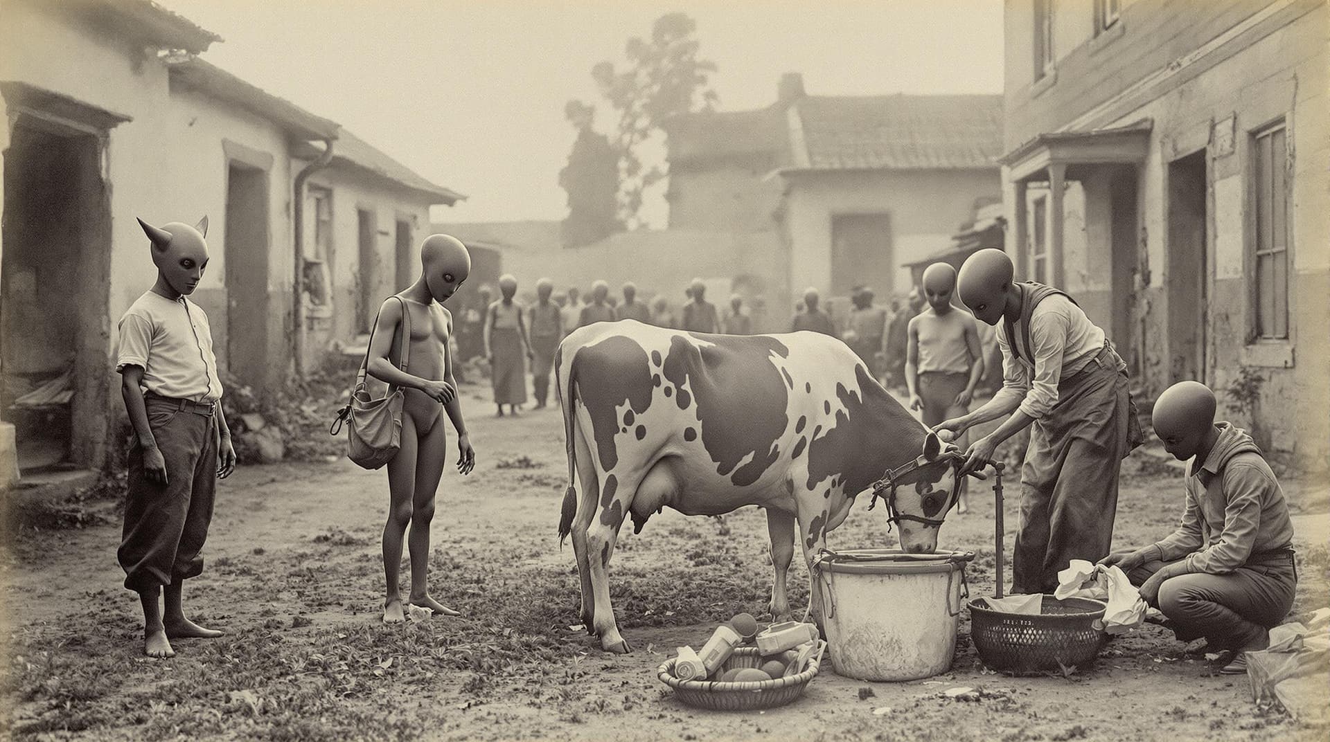 AI generated: A historic photograph taken in the 1800s depicting a group of villagers standing with two aliens wat...