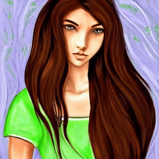 AI generated: beautiful girl with brown hair and green eyes, she looks forward, she is painted