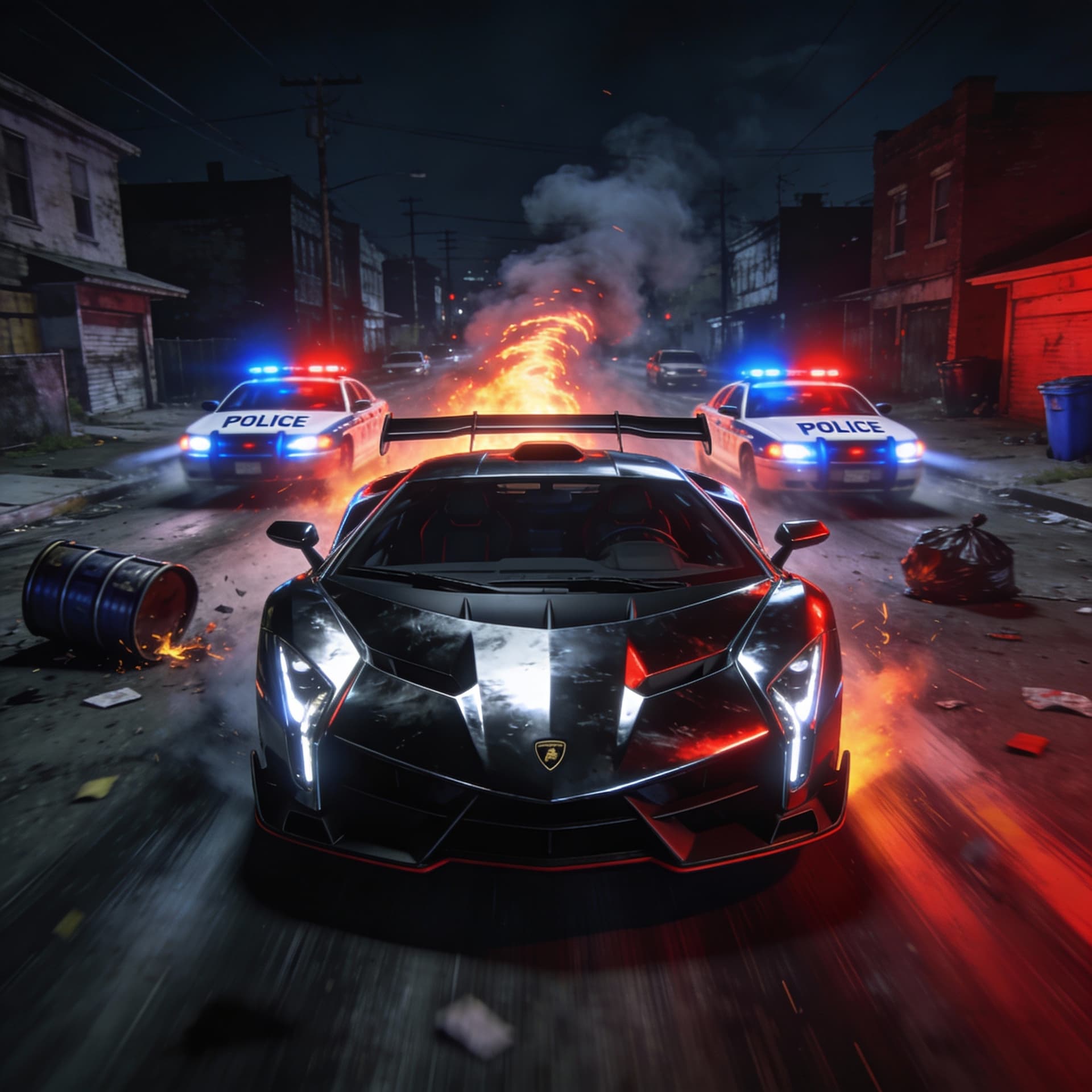 AI generated: front pov of A futuristic sleek shiny metallic black lamborghini with a high spoiler on the back is ...