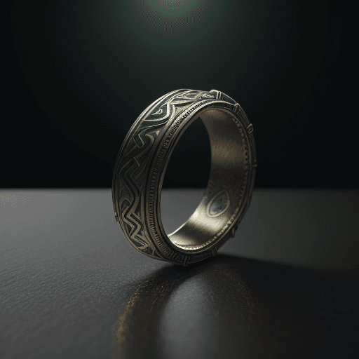 AI generated: Ring on the table with the design and character of thor The Ring is gold and grey dark, no watermark...