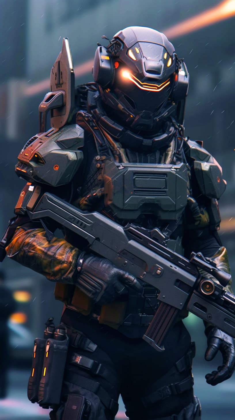 AI generated: Full battle armored futuristic soldier with advanced weapons and accessories, street, overcast, refl...