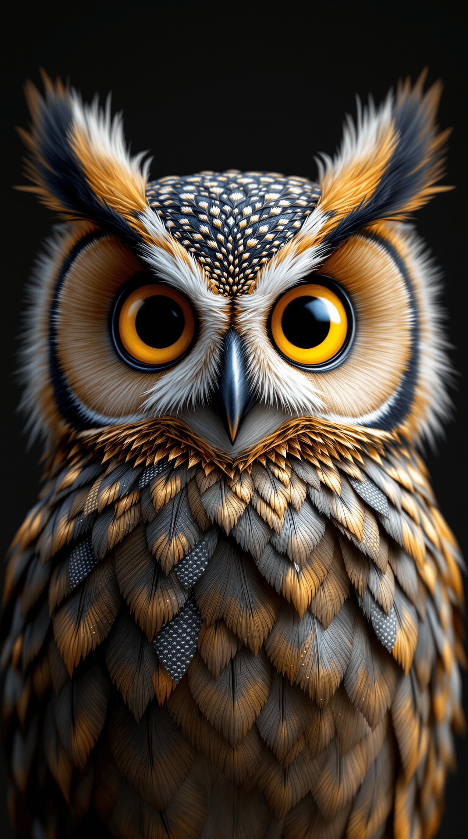 AI generated: 3D Portrait of a A cute and furry Owl with exotic Feathers of metallic texture and big yellow eyes, ...