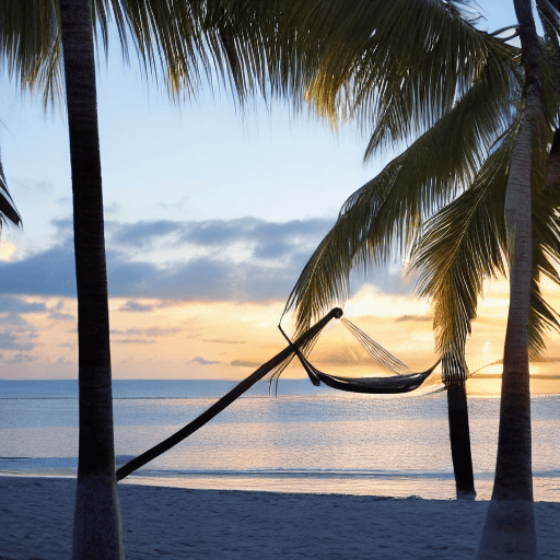 AI generated: High resolution stock photo capturing a golden Caribbean beach at dusk, a luxurious overwater bungal...