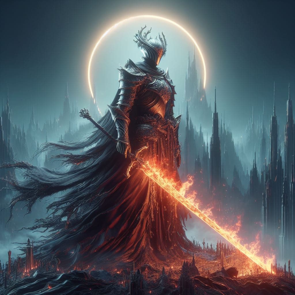 AI generated:  an awe-inspiring 3D rendering portraying Gwyn, Lord of Cinder, from Dark Souls 3. Immerse Gwyn in a...