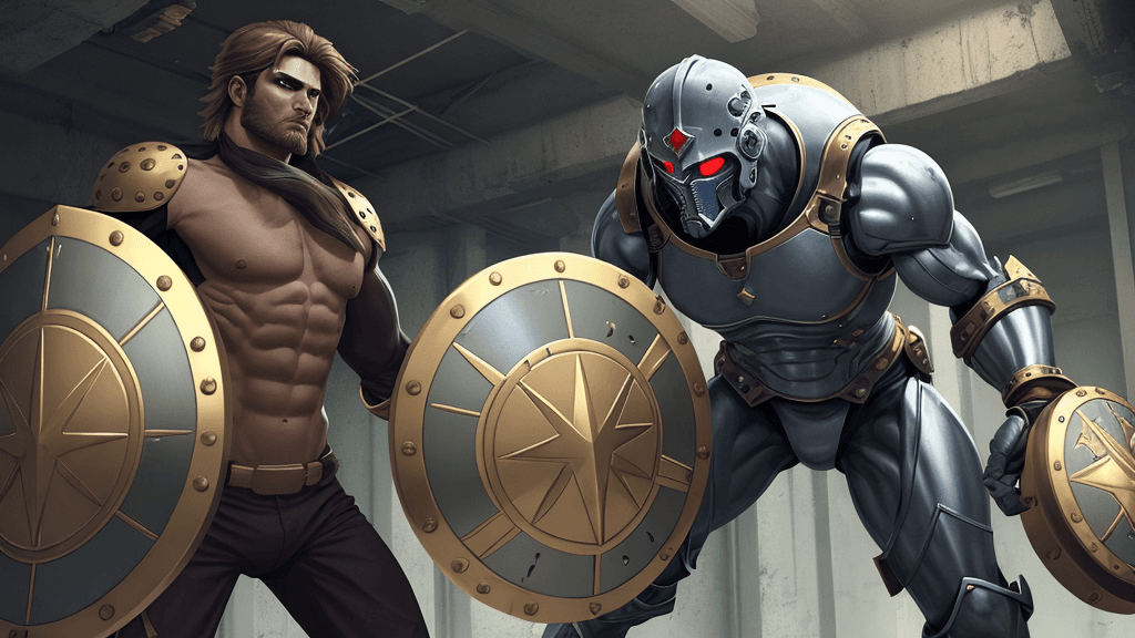 AI generated: 
Secret laboratory, human male warriors with shields
 in investigations, action, force 
