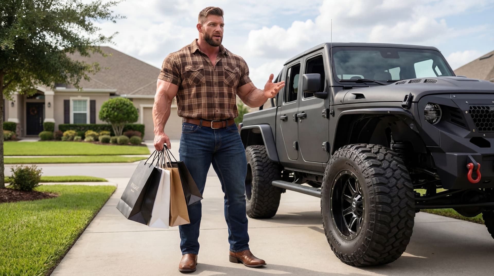 AI generated: At a beautiful driveway in a nice neighborhood. The bodybuilder is 6 feet 4 inches tall. He is weari...
