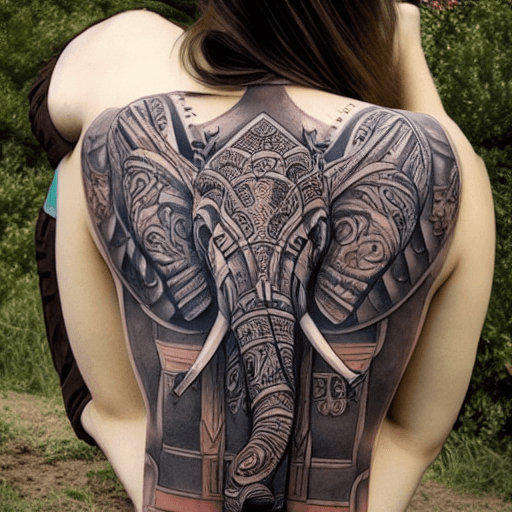 AI generated: TATTOO, ON THE BACK, ELEPHANT, ARMOR, PERSIA, GREECE