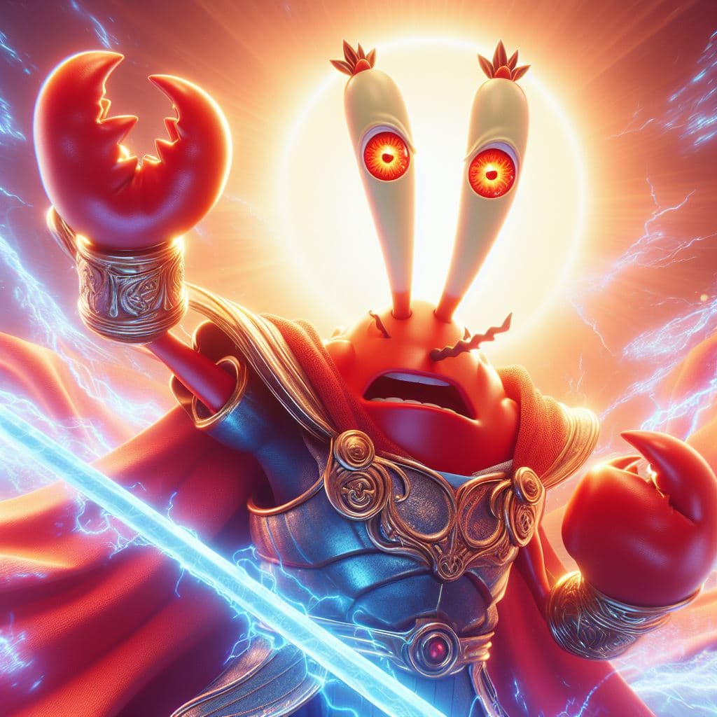 AI generated: Mr.Krabs is the mightiest god using his sword, red eyes, heroic pose, divine and celestial light, ma...