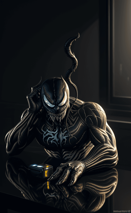 AI generated: earphone on the table with the design and character of Venom The earphone is gold and Black dark, no...