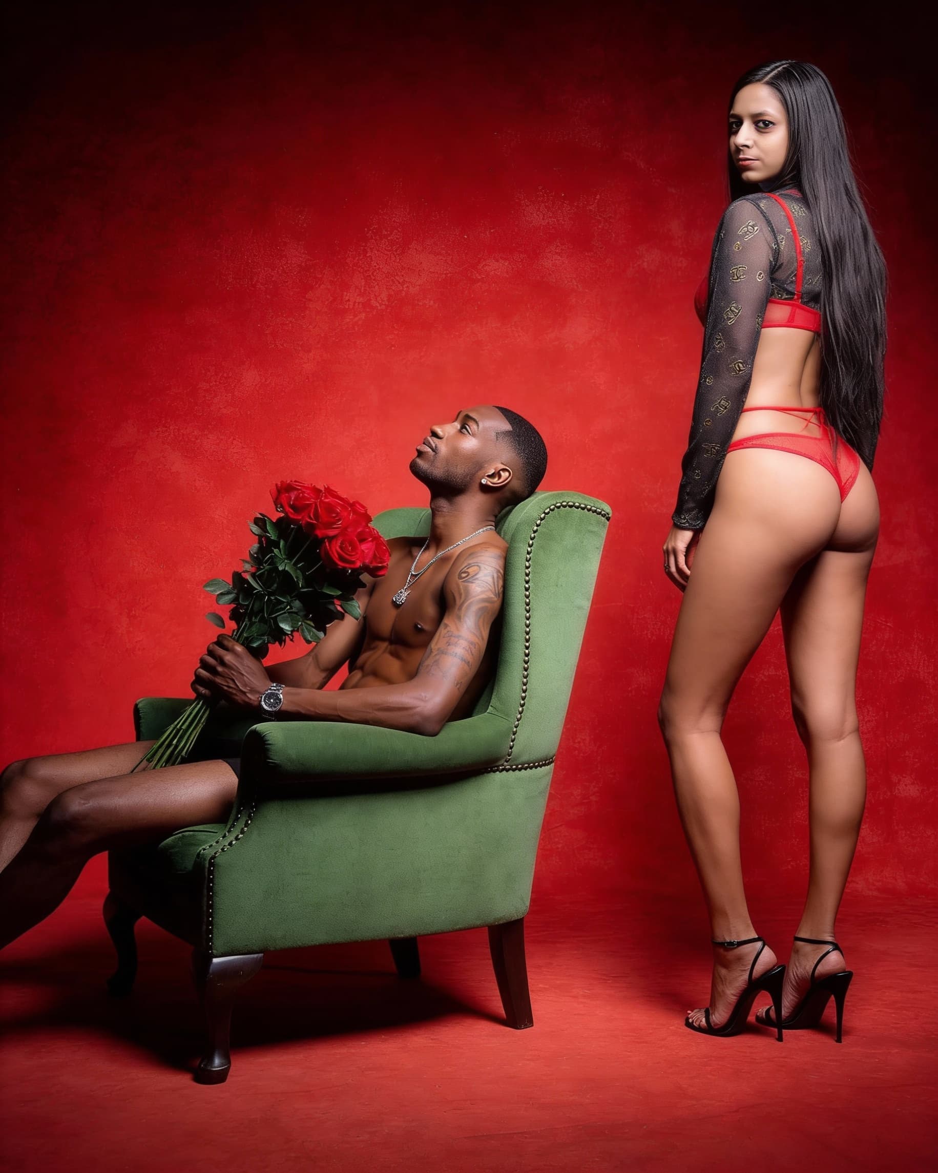 AI generated: The image shows two adults posed in a studio setting against a textured red background. One person i...