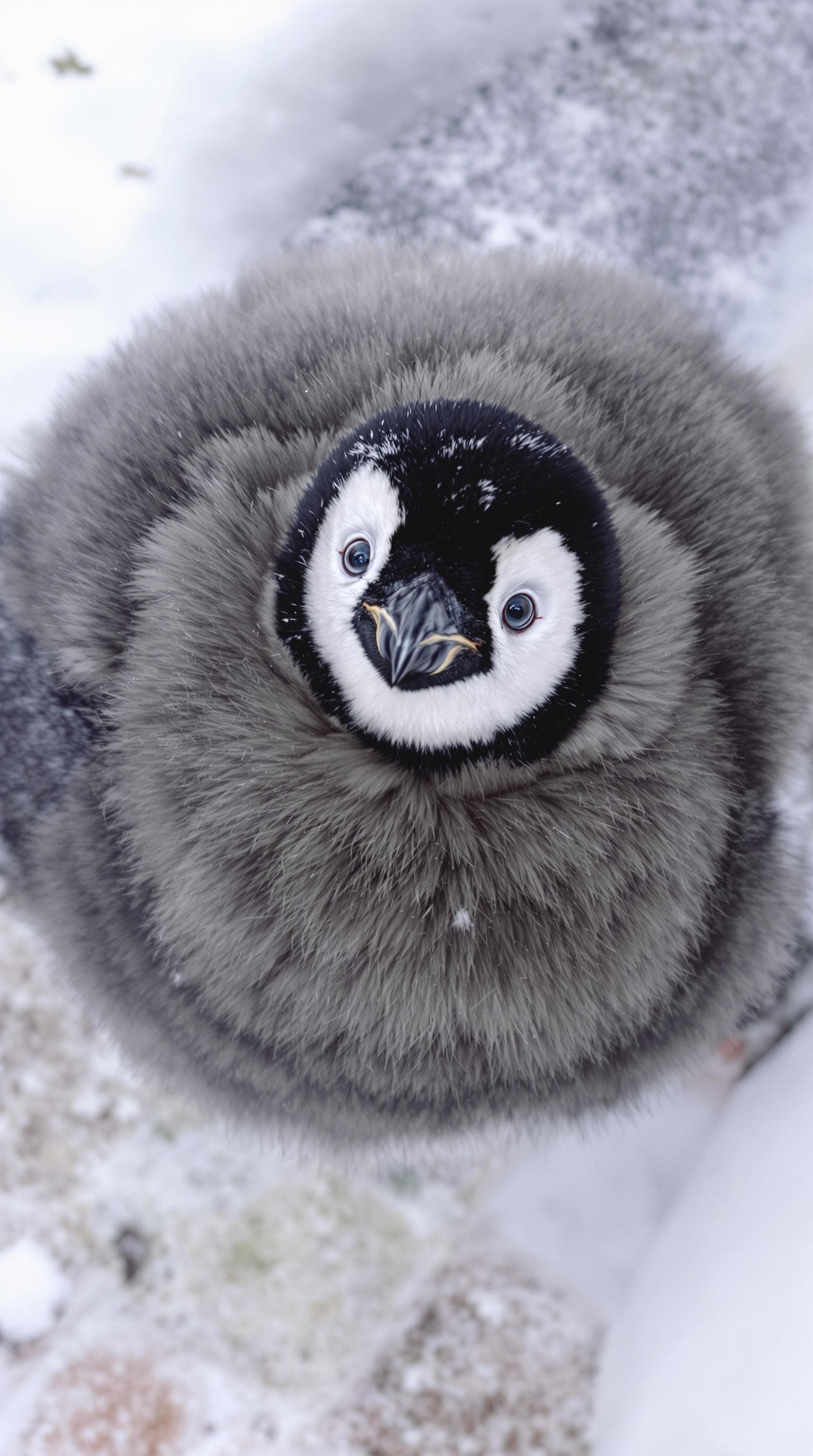 AI generated: An adorable baby emperor penguin with a round, fluffy body covered in thick dark gray feathers. Its ...