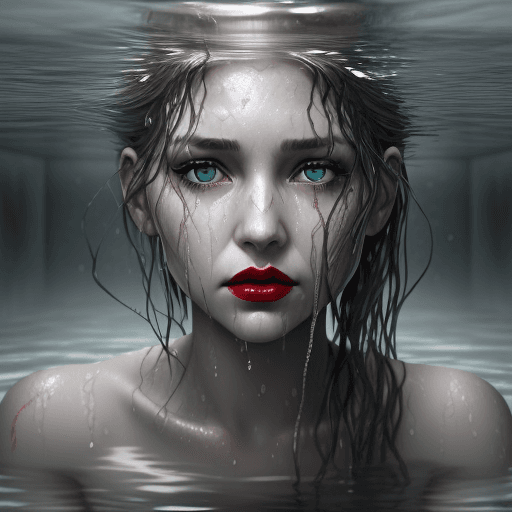 AI generated: the face of woman with beautiful grey eyes and red lips, in water, in the style of dystopian realism...