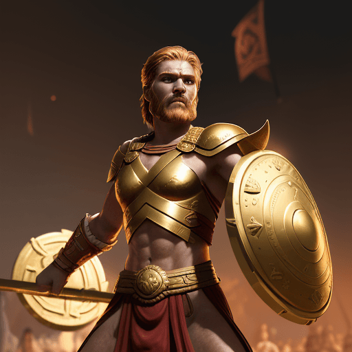 AI generated: the warrior from the sparta region holds up a shield, in the style of light gold and light crimson, ...