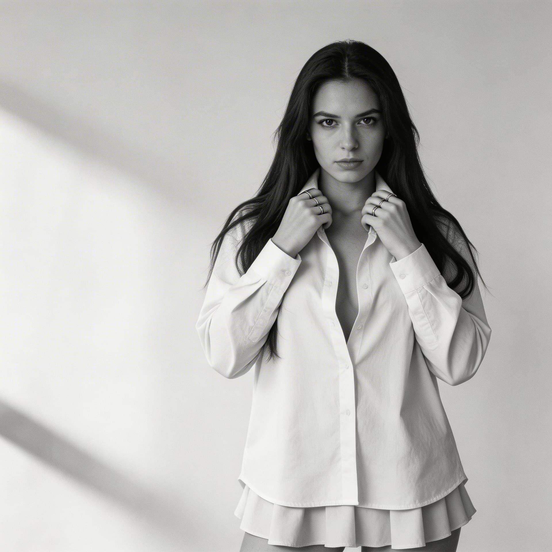 AI generated: Create a striking black and white phtotgraph of a confident young woman with long, dark hair cascadi...