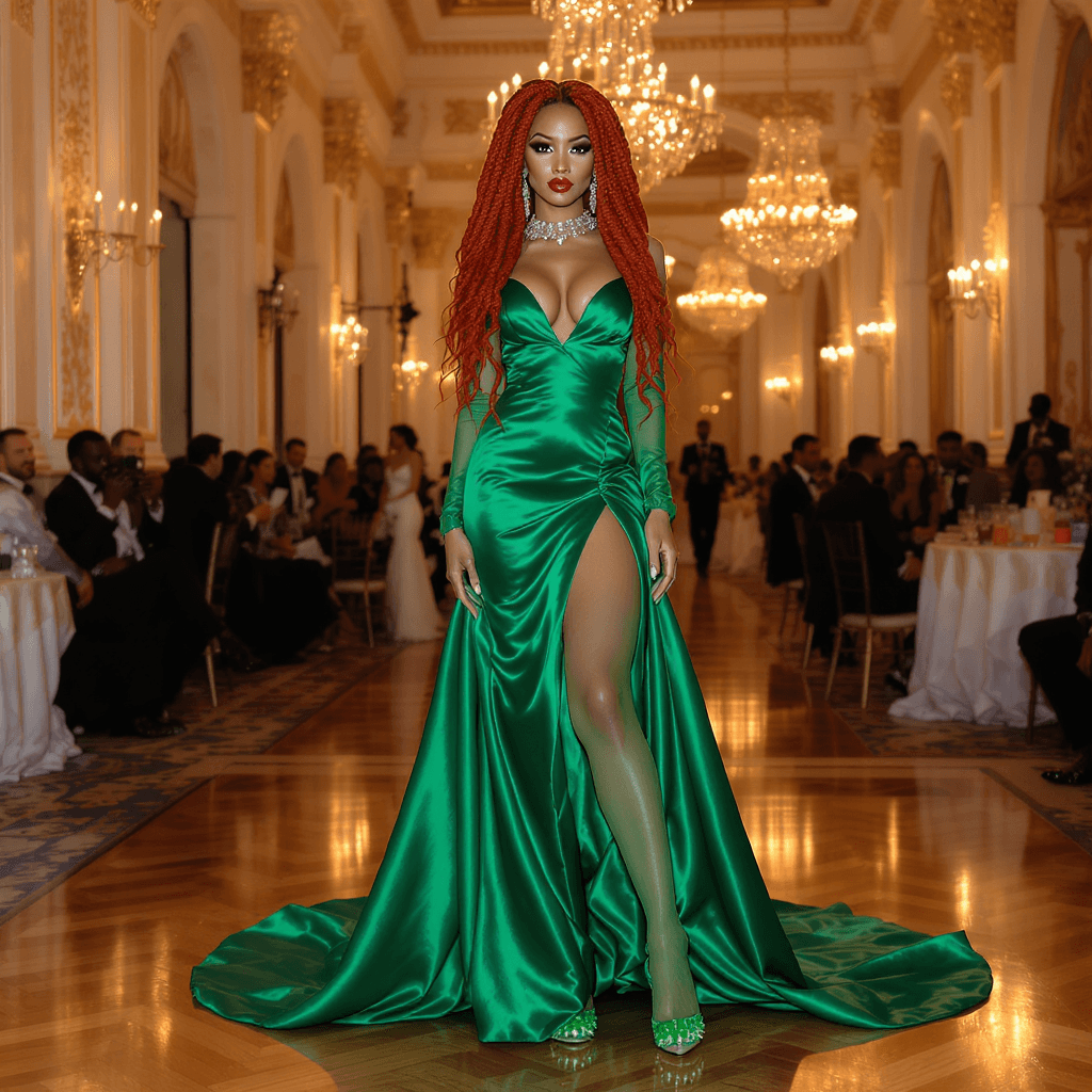 AI generated: A stunning Biracial woman with long red locs wearing an emerald gown and emerald spike heels in a gr...