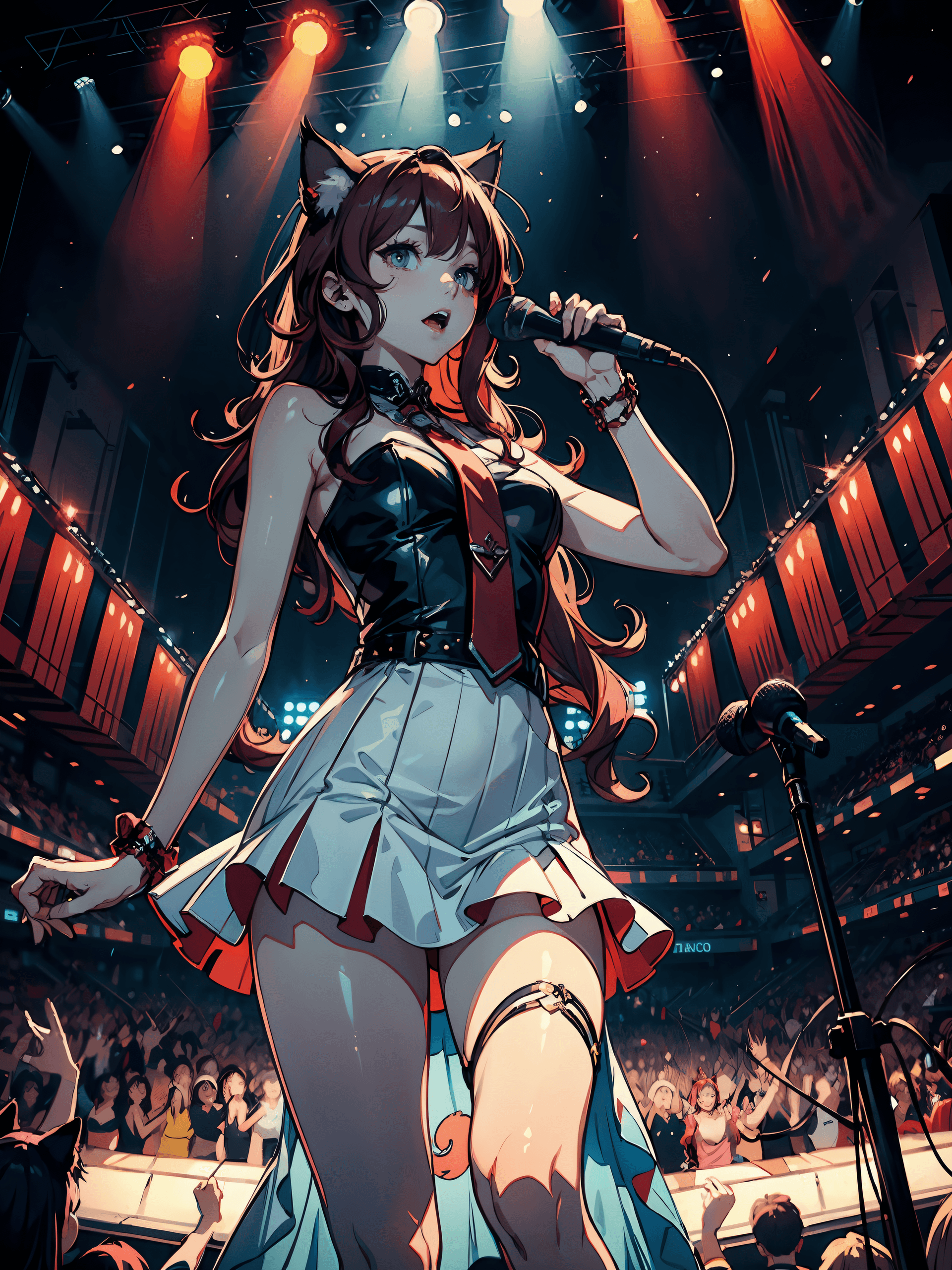 AI generated: masterpiece, best quality, high quality, mid shot, centered, cat girl, holding mic, wearing idol dre...