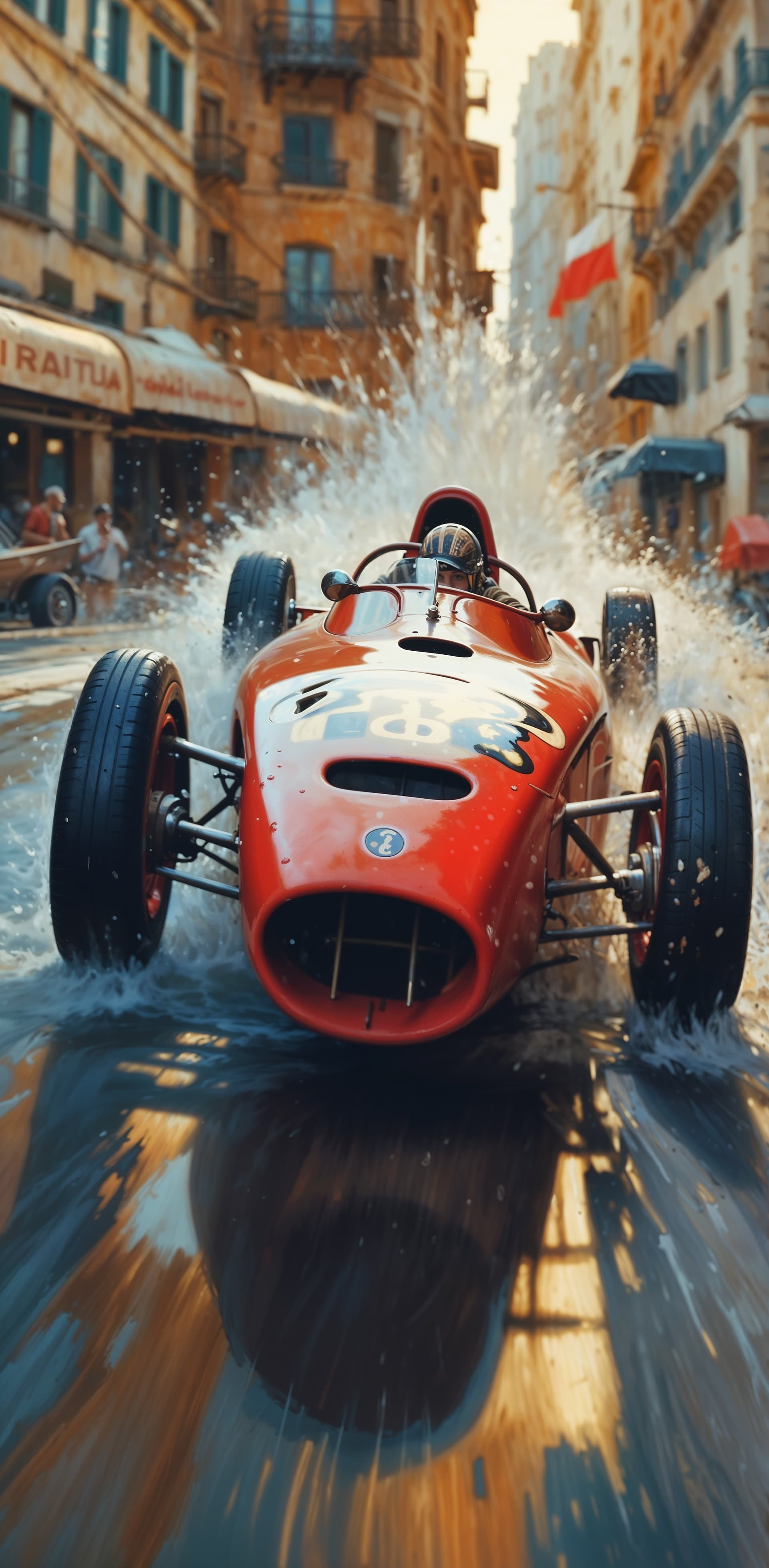 AI generated: red race car, in the style of sam spratt, historical illustrations, old masters, genndy tartakovsky,...