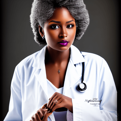 AI generated: photography, high quality, portrait of black woman, white doctor coat, intricate, beautiful and eleg...