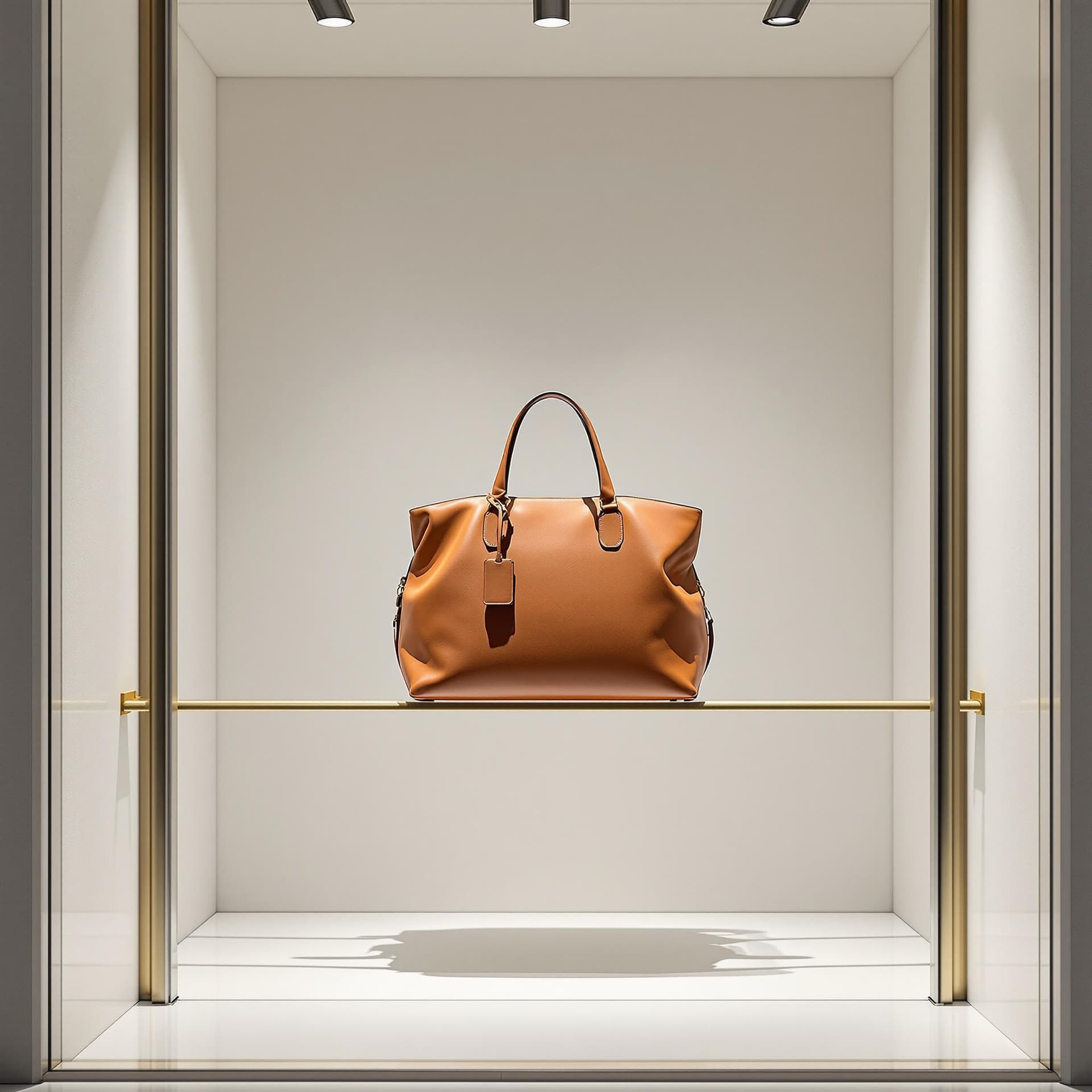 AI generated: photography, front view, focusing a show window, cargo vassel balanced on a thin golden rod, leather...
