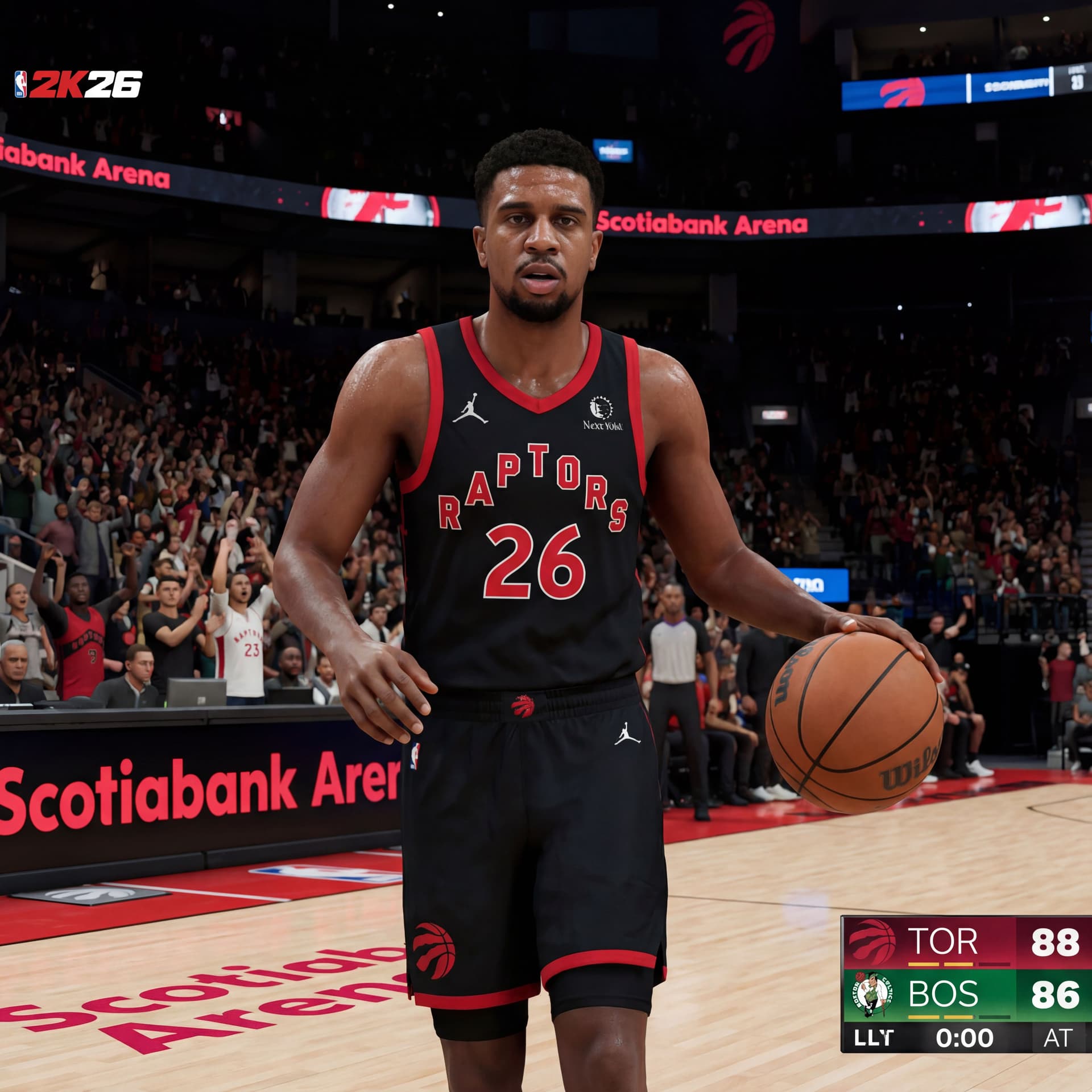 AI generated: create me into a nba 2k26 game graphic style in Toronto Raptors Jersey in their Arena.