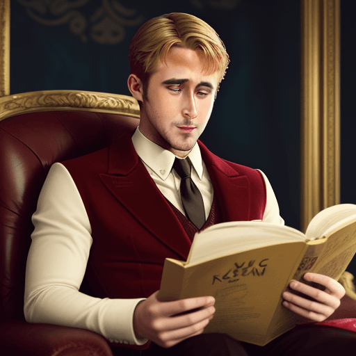 AI generated: Ryan Gosling wearing king clothes while he reads "La regenta" 