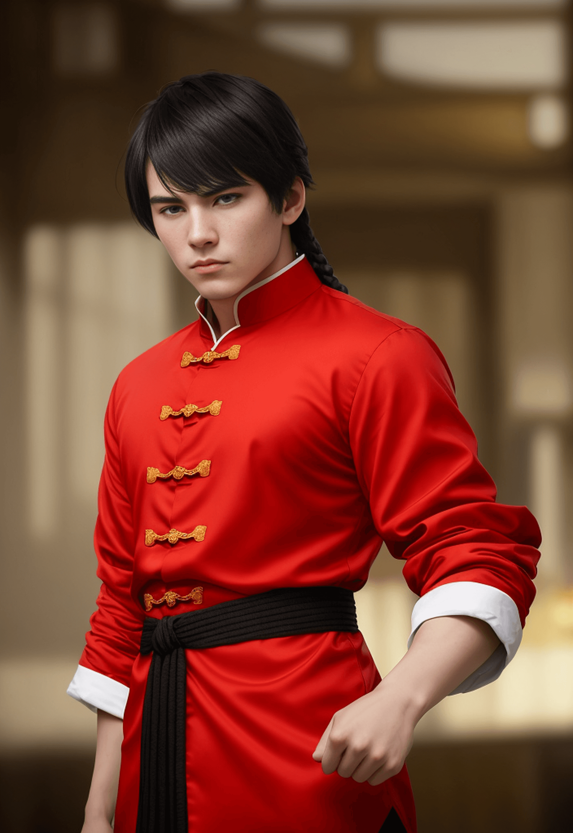 AI generated: a medium photo shot portrait of  a white 20 years old man with blue slanted eyes and black hair and ...
