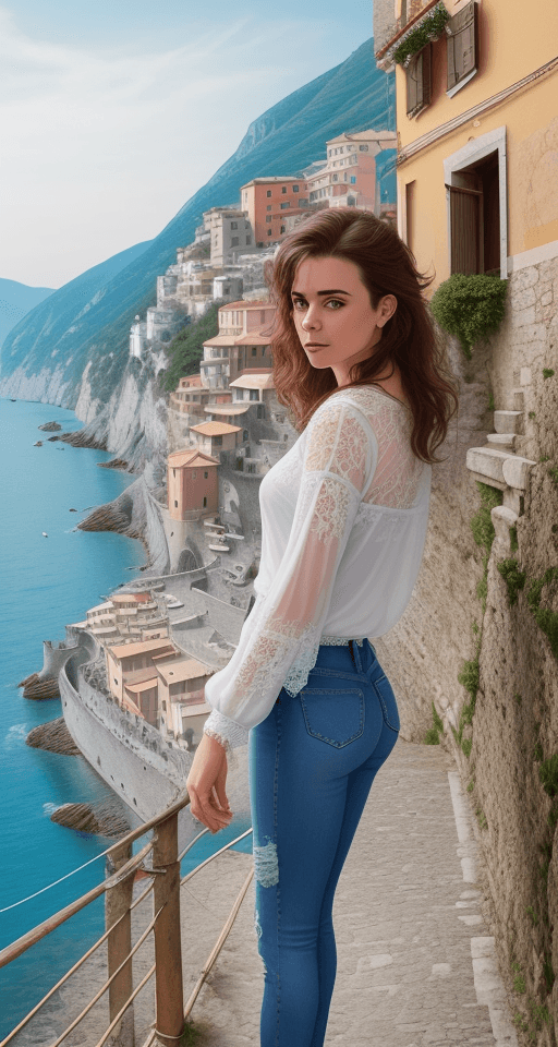 AI generated: Close up Imogen Loots wearing lace bono shirt and jeans, sunny, Torrent Italy, cliff side buildings