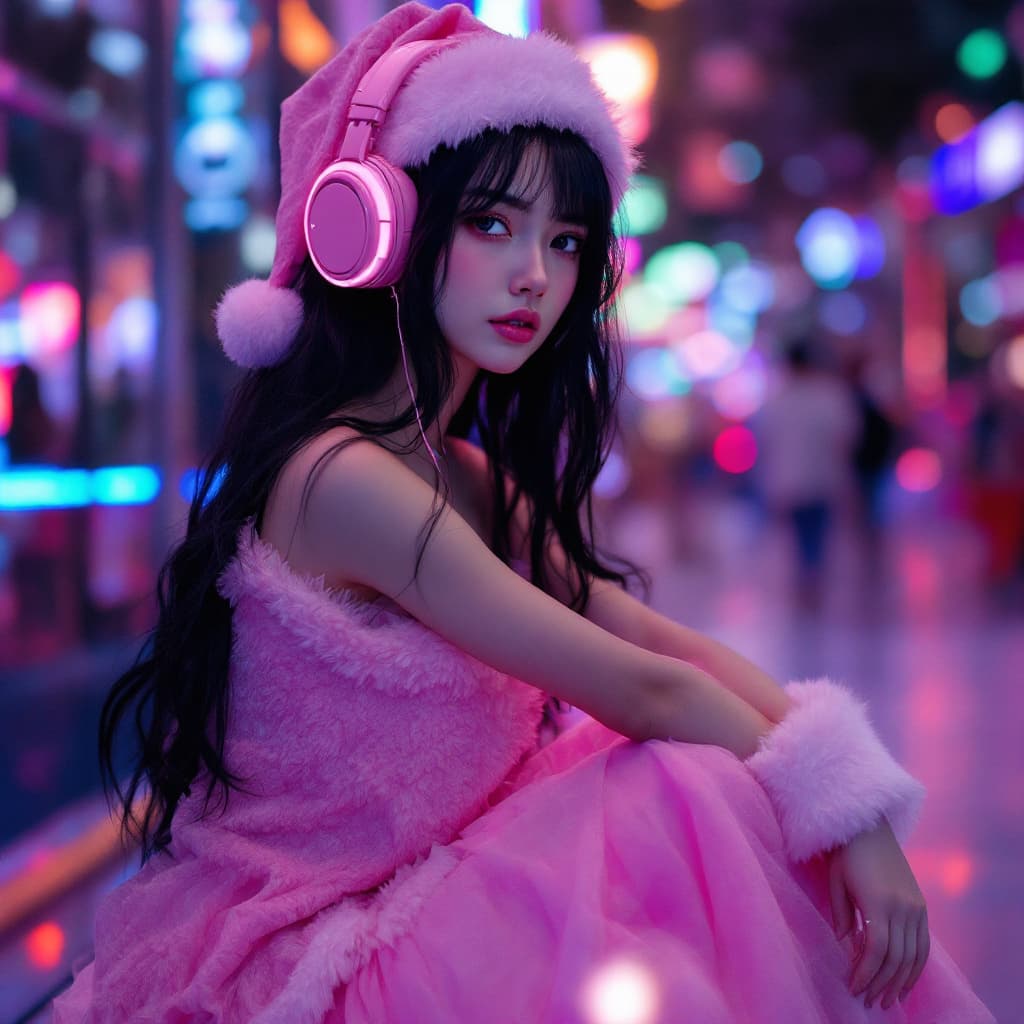 AI generated: The pink santa claus girl in the cyber world is a cyberpunk (full body photo), with beautiful long B...
