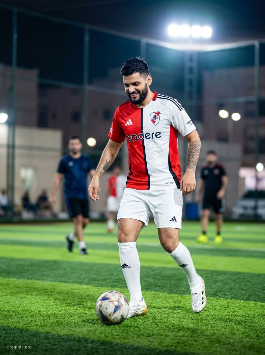 AI generated: Add me in a Five-a-side artificial turf football pitch playing with my friends wearing the uploaded ...
