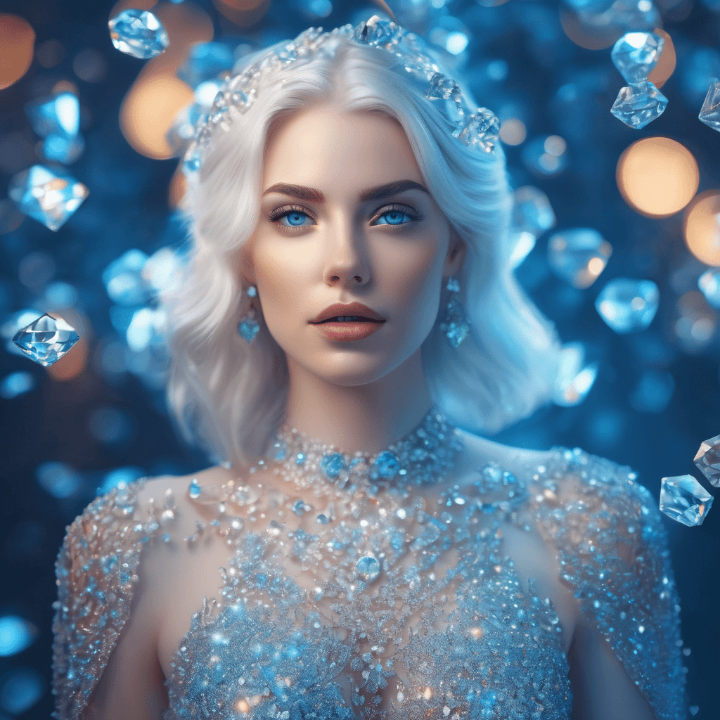 AI generated: Realistic, portrait, a woman, unnatural pale skin, white hair, blue eyes, full body, made of diamond...
