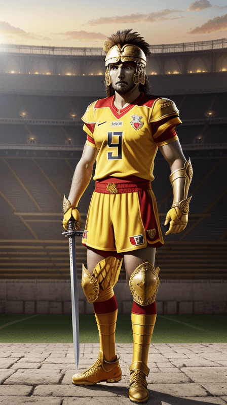 AI generated: A lion, wearing yellow and red gladiator outfit while holding a gladiators sword in his hand in a gi...