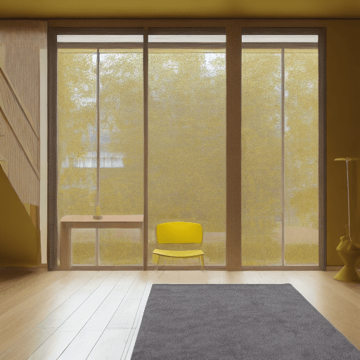 AI generated: The interior of a house with a large square window in the background, mustard yellow color, wooden f...
