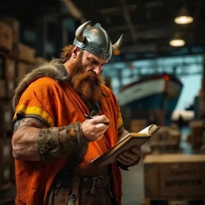 AI generated video: "Un vikingo musculoso, con barba rojiza y casco con cuernos, lleva un chaleco reflectante naranja de...