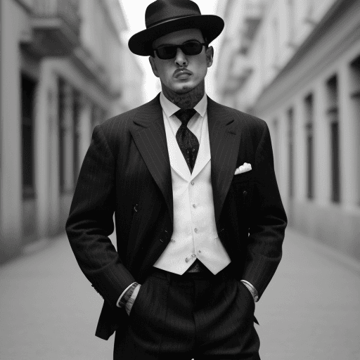 AI generated: madure man, vintaje wear, 20´s gangster look, black&white