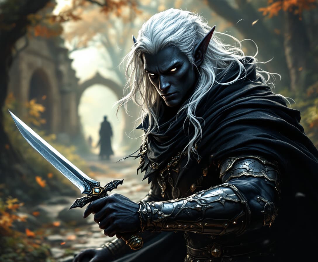 AI generated: Fantasy DnD style, (A handsome dark skinned Dark Elf Man with Ebony skin), long white Hair, long ear...