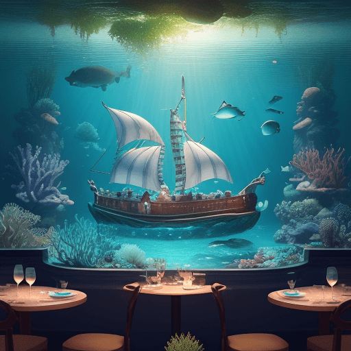 AI generated: underwater boat, aquamarine animals, aquamarine plants, restaurant under sea, realistic photo, 8k dr...