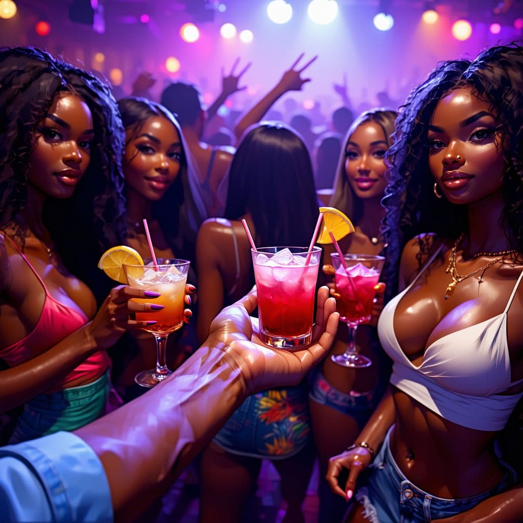 AI generated: a man's hand is out being offered to 3 very attractive african american of different skin tones and ...