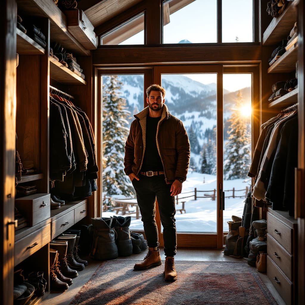 AI generated: An athletic man with a relaxed posture stands inside a luxurious mountain cabin closet, surrounded b...