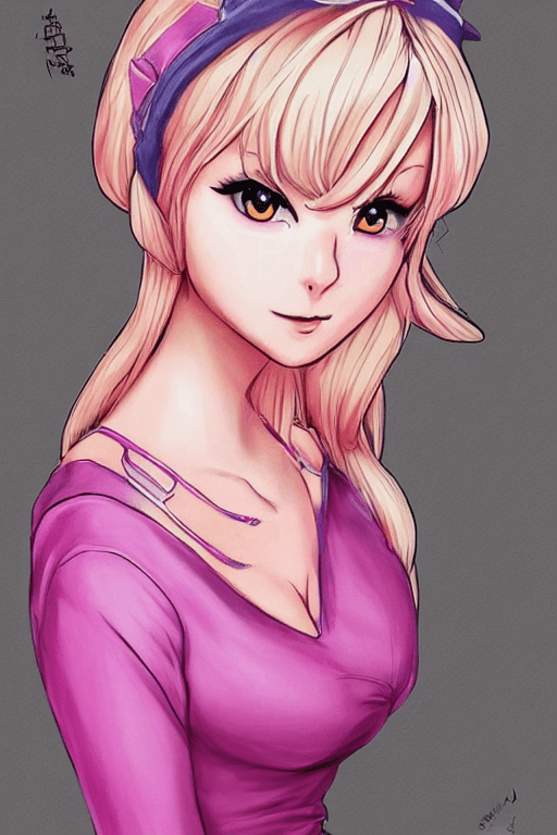 AI generated: ((princess_peach with large boob)), (anime face),pink dress, blonde hair, female, by Artgerm