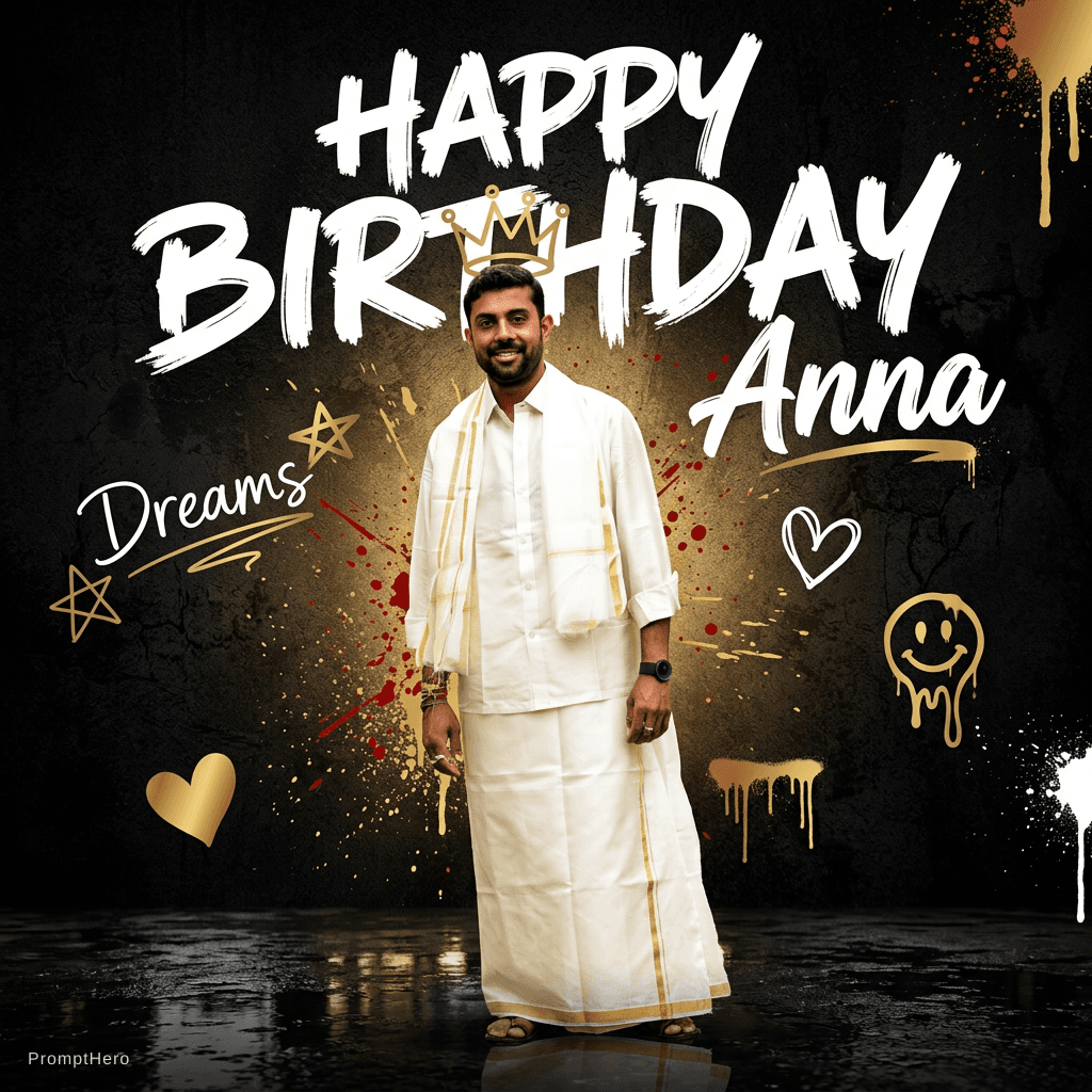 AI generated: Cinematic birthday poster 
Background : dark black grunge textured wall with golden – brown spotligh...
