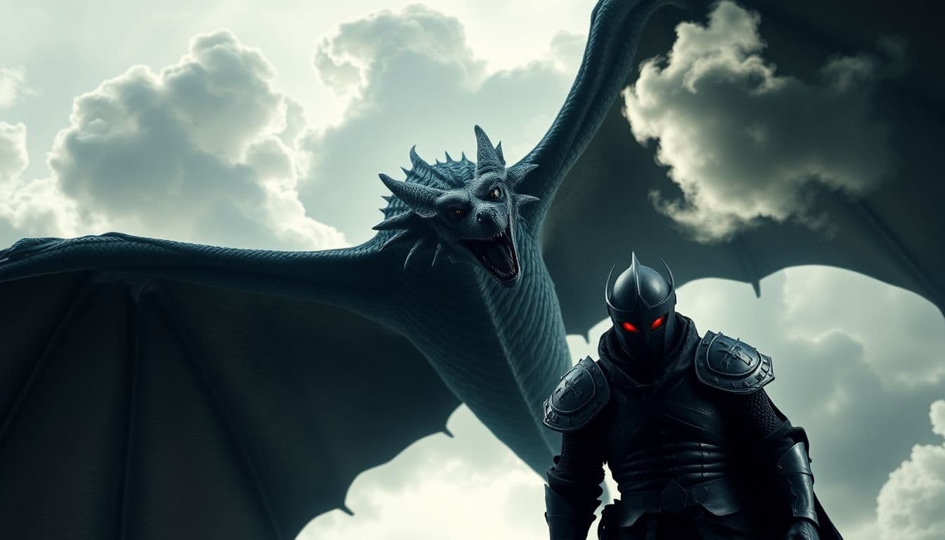 AI generated: a dramatic scene of a person in dark armor, possibly a knight, being swooped down upon by a large dr...