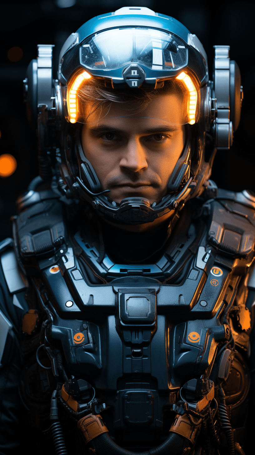 AI generated: futuristic warrior in full military attire, full body hologram inside a flat screen, space ship inte...