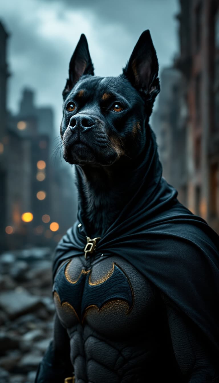 AI generated: raw photo of a dog as batman, black costume heroic pose. ruined city background, stormy sky. (high d...