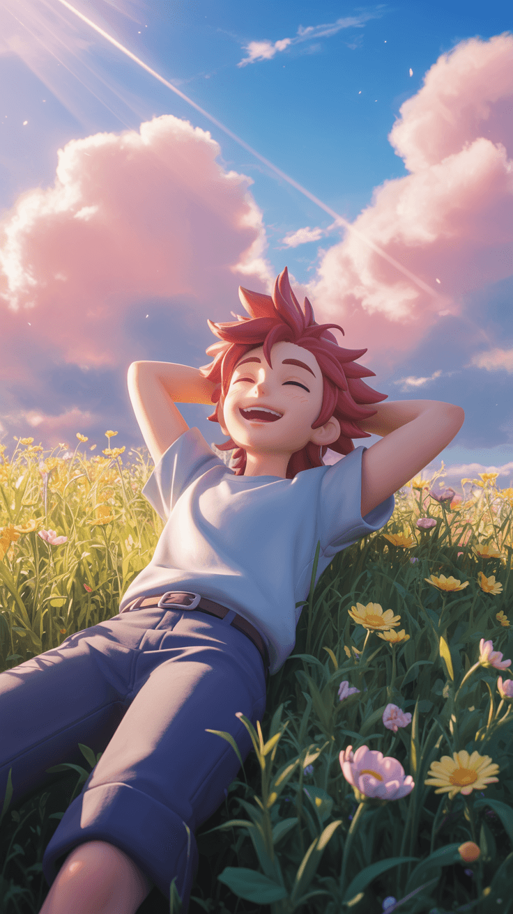 AI generated: A cheerful 3D anime-style character lying in a glowing field of flowers, hands behind their head, sm...