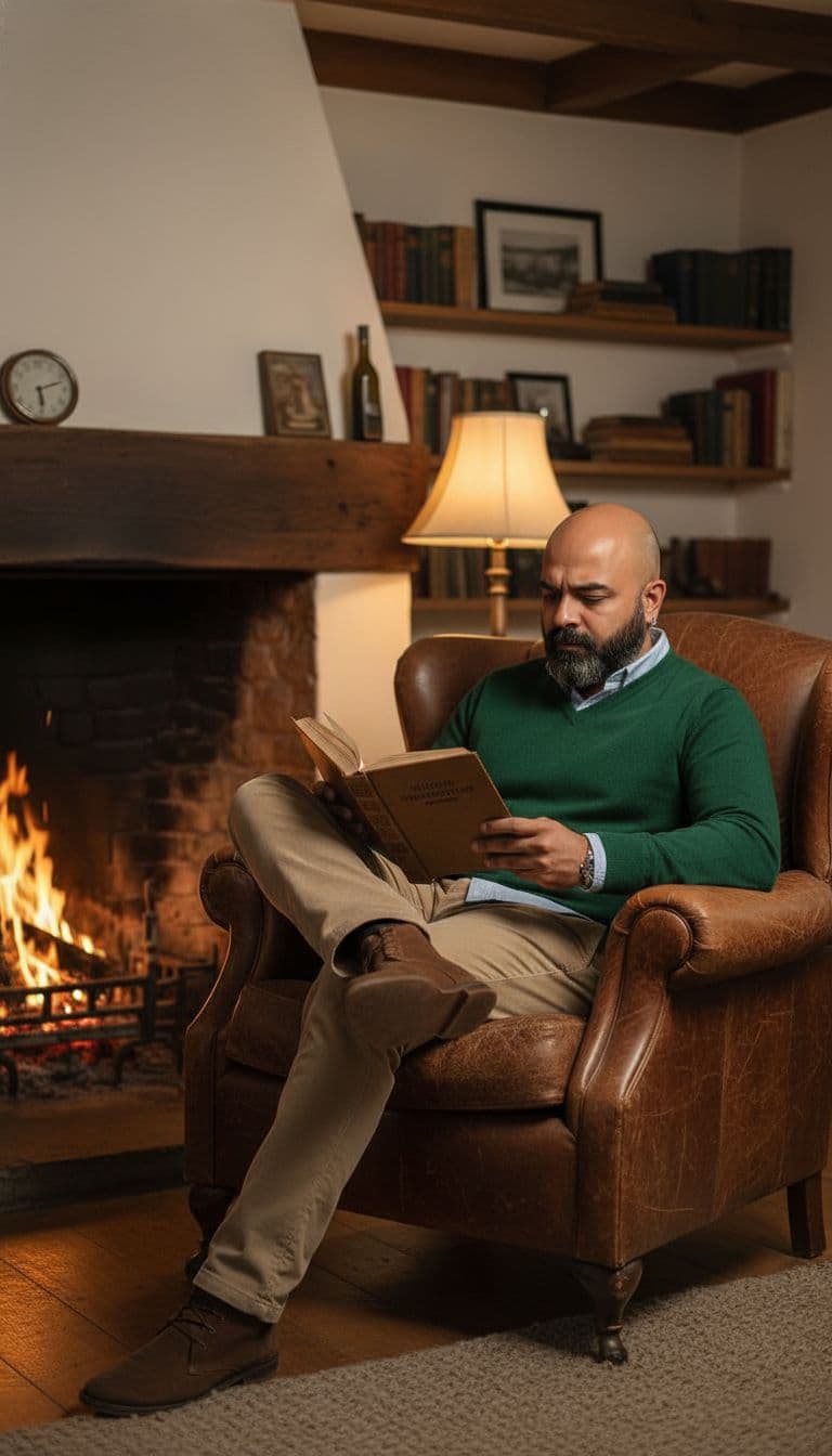 AI generated: A man in a fine gauge merino wool V-neck sweater in forest green, layered over a light blue collared...