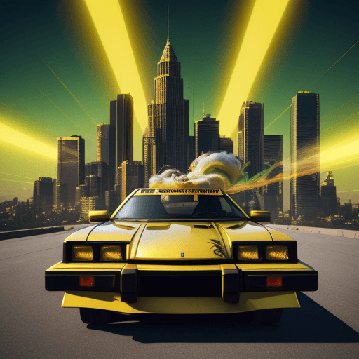 AI generated: EYE CANDY" in Bold Gold and Black 3D graffiti font.  with a two green 1979 Skyline car in background...
